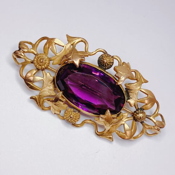 Antique Art Nouveau Gold Tone Ivy Vine Brooch Purple Glass Edwardian 1900s Pin - Picture 13 of 14